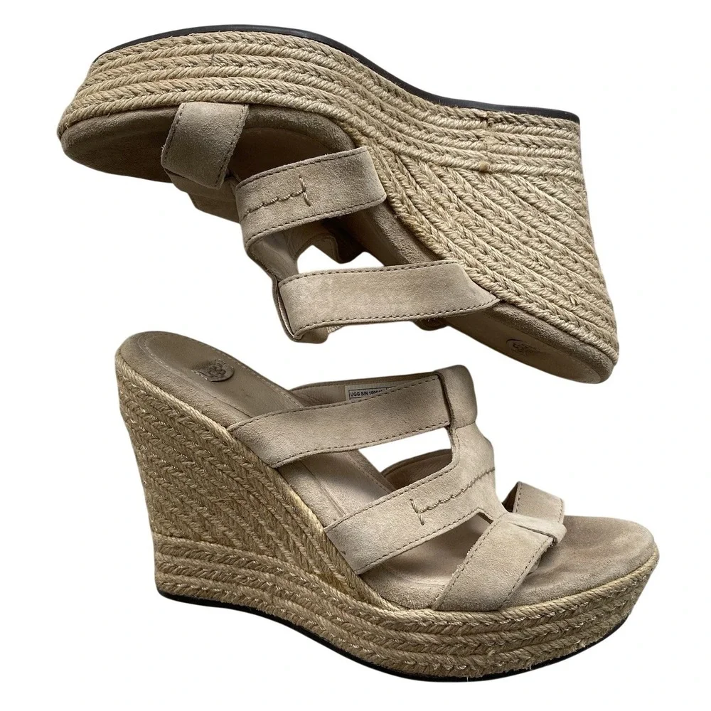 UGG Tawnie Leather Platform Espadrilles Slip On Wedge Sandals Size 8 Nautical